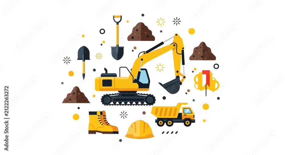 Naklejka premium Construction Equipment Vector Set with Excavator, Dump Truck, and Safety Gear on White Background