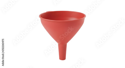 Red Plastic Kitchen Funnel Isolated on White Background. Classic Matte Red Plastic Liquid Funnel Mockup Front View.