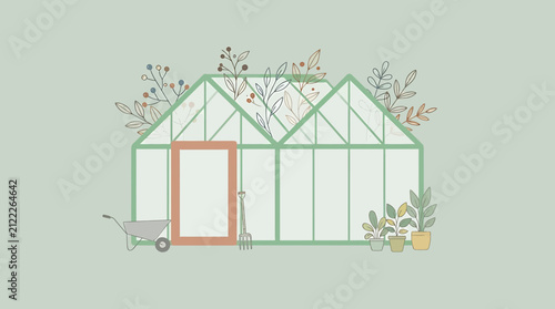Garden greenhouse structure with decorative botanical elements, a wheelbarrow, and gardening tools in flat style.