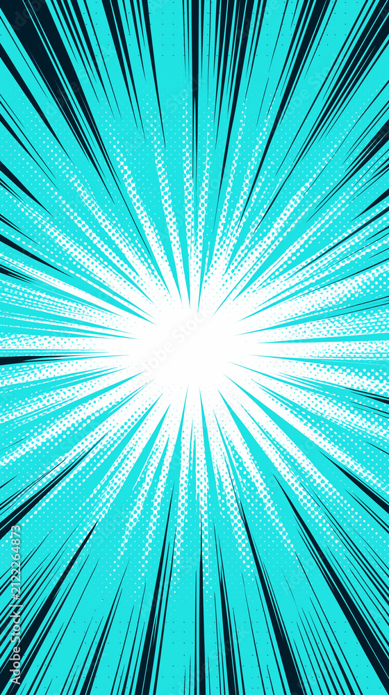 Obraz premium Dynamic manga explosion with radial speed lines and comic burst effects. Vibrant cartoon background featuring abstract energy patterns and light rays in bold colors
