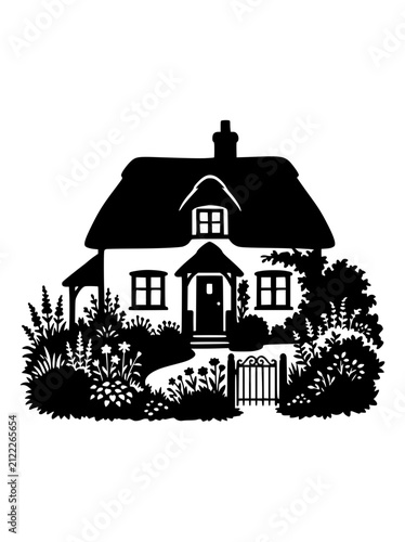 Silhouette illustration of a charming country cottage with a lush garden