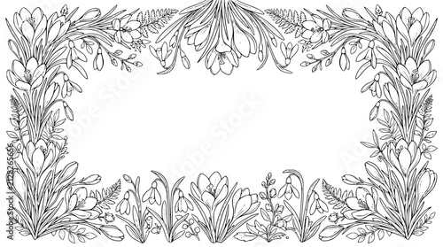 spring floral frame coloring page with crocuses snowdrops and ferns