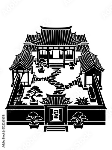 Traditional Asian Courtyard House and Zen Garden Silhouette Illustration