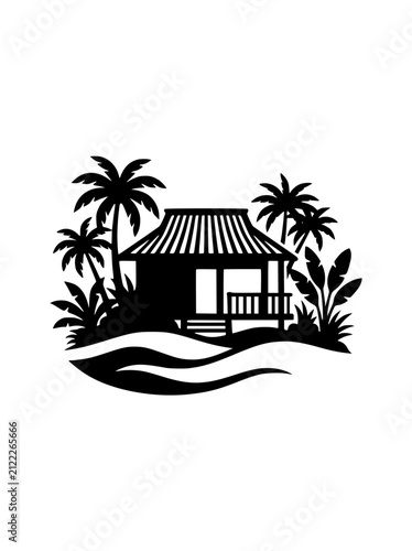 Tropical Beach Hut Silhouette with Palm Trees and Waves