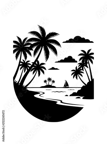 Tropical Beach Silhouette with Palm Trees and Sailboat Vector Illustration