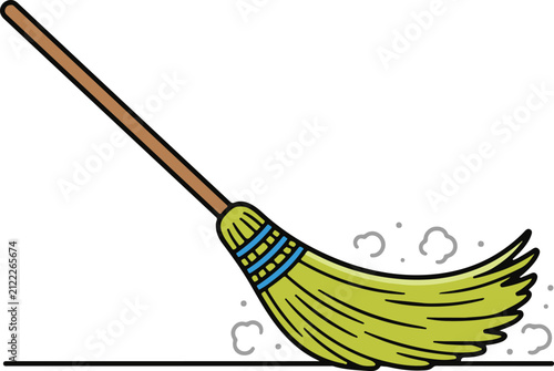 Traditional straw broom with wooden handle sweeping dust clouds, simple lineart vector illustration
