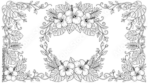 Tropical Hibiscus and Monstera Floral Frame Line Art for Coloring Page