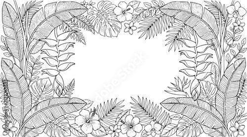Tropical Leaves and Flowers Frame Line Art Illustration