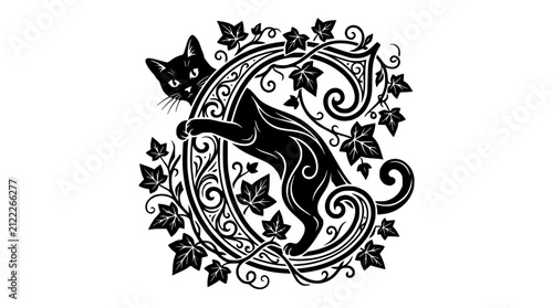 Bild auf Leinwand Black cat with ivy leaves entwined in decorative gothic letter C illustration
