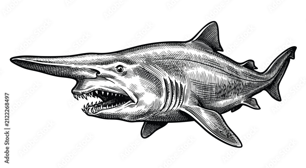 Fototapeta premium Detailed black and white illustration of a hammerhead shark