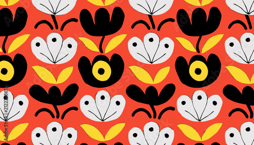 Hand drawn floral vector pattern with black white yellow flowers on red background with seamless repeating pattern stylized flowers black graphic design
