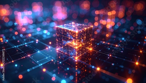 Glowing Digital Data Cube Illuminated on Abstract Futuristic Network Grid