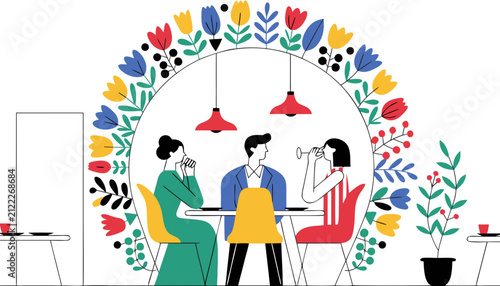 Three friends having dinner together in a modern restaurant with colorful floral arch decoration with vector illustration three dining table decorated