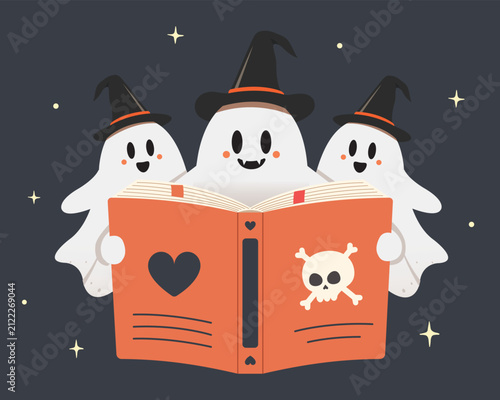 cute ghosts Halloween witch holding a book and reading a book, Happy Halloween decoration vector illustration.