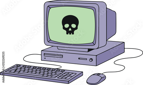 Retro Purple Desktop Computer Displaying Skull on Screen, Vintage Cyber Security vector illustration

