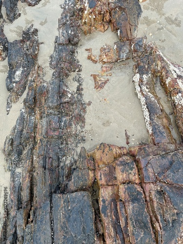 Foto Colorful Rock Patterns on Sandy Beach Above Waterline