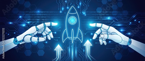 A visionary portrayal of human and robotic collaboration set against a backdrop of a rocket launch representing the cutting edge advancements in technology and innovation.