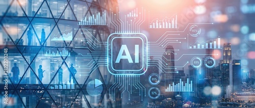 Futuristic city skyline with digital ai overlay showcasing technology and innovation in urban environments symbolizing the rise of artificial intelligence in business.