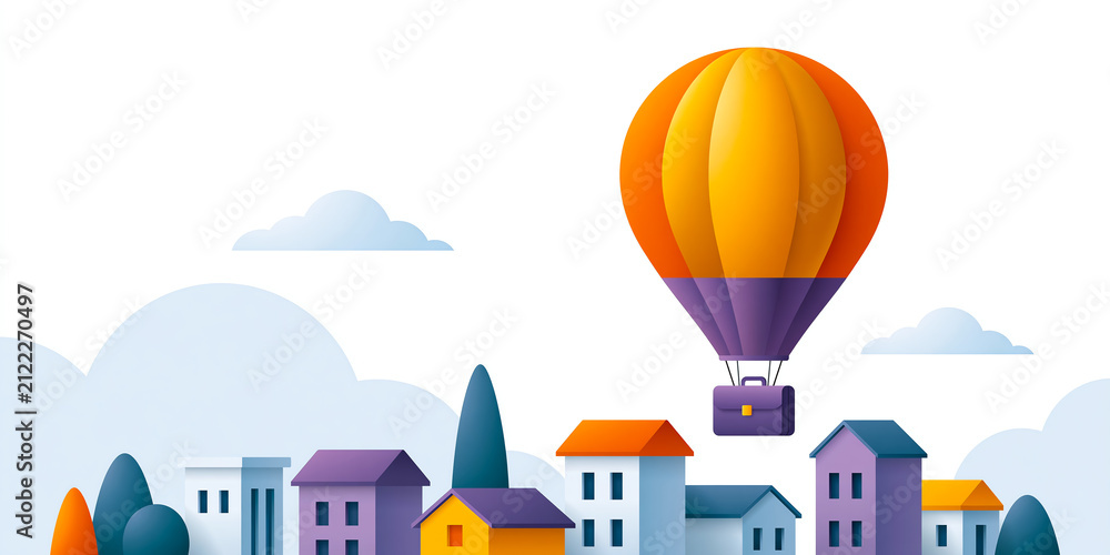 Fototapeta premium Flat vector illustration of a small hot air balloon shaped like a briefcase rising above city rooftops, perfect for modern lifestyle and business storytelling, with a naturally evocative visual mood.