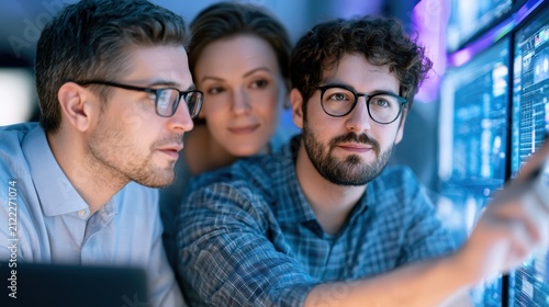 Diverse IT team analyzing big data and cybersecurity metrics
