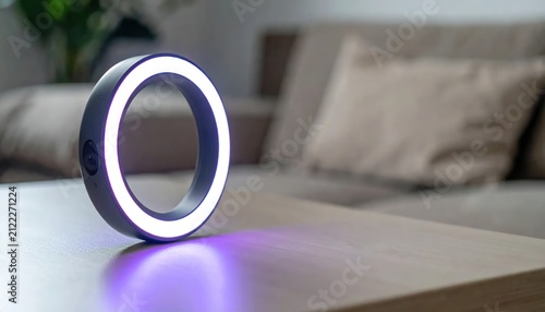 Glowing Modern Ring Light Standing on Table in Cozy Living Room