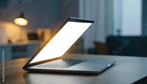 Glowing Open Laptop Resting on Wooden Table in Dim Modern Living Room