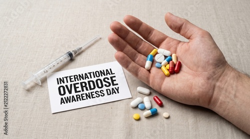 Human hand holding a pile of colorful pharmaceutical pills next to a syringe and a card with text international overdose awareness day on a textured beige fabric background