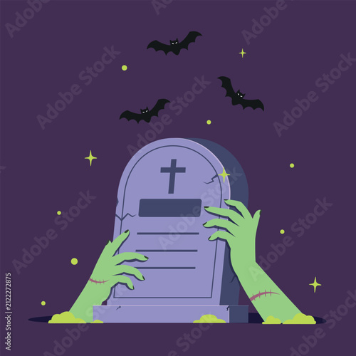 Halloween night with grave, zombie hands and holiday night background. Happy and Celebration Halloween party.