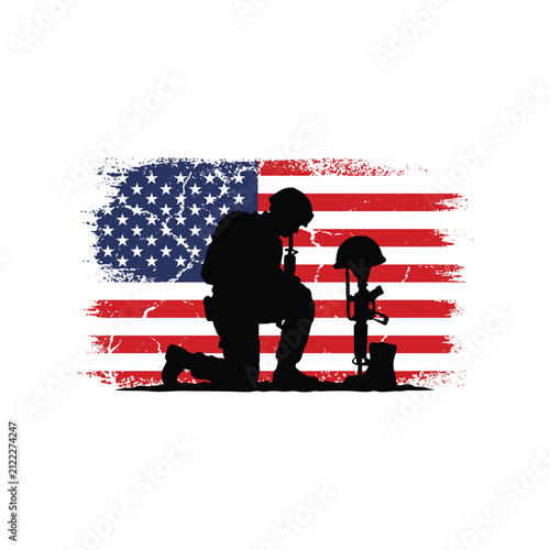 US Army t-shirt design, Kneeling Soldier Silhouette in Front of Grunge American Flag with Battlefield Cross