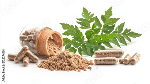 Natural herbal powder and capsules on a surface.