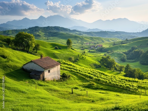 Serene countryside with rolling green hills.