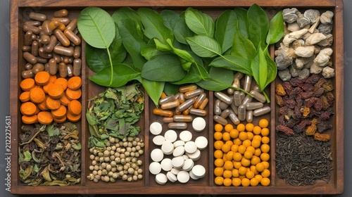 Variety of herbs and supplements in wooden tray.