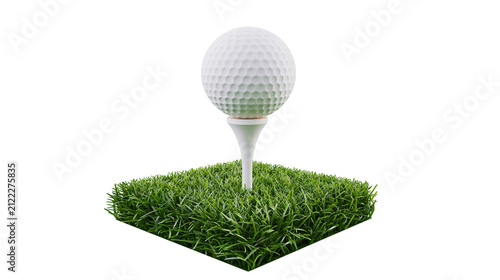 Картината върху платно White golf ball on a tee resting on green grass, isolated on transparent backgro