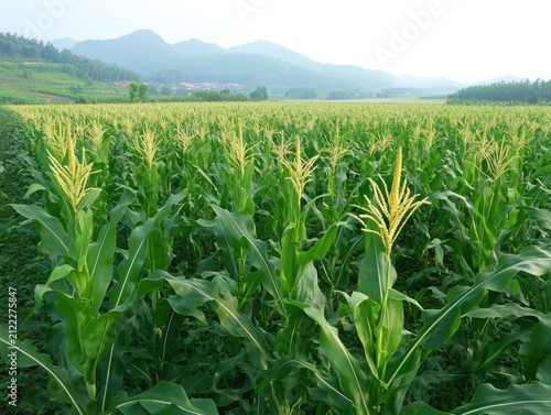 Vibrant corn field with mountains in background.