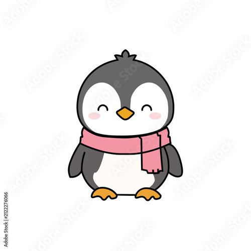 Cute Cartoon Penguin Wearing Pink Scarf Vector Illustration