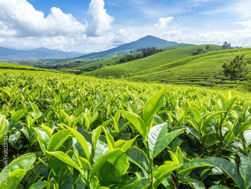 Vibrant green tea leaves on scenic hills.