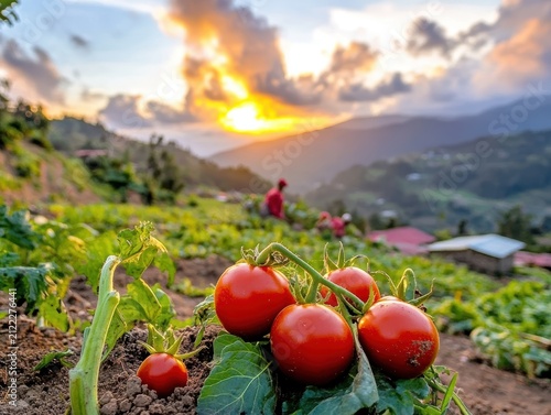 Vibrant tomatoes bask in sunset glow.