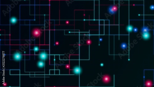 Abstract digital network background with glowing blue and red light nodes connected by thin green lines on black