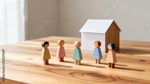 Tiny wooden figures gathered outside a small house on a sunlit table

