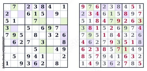 Sudoku puzzle with highlighted numbers and completed rows and columns  