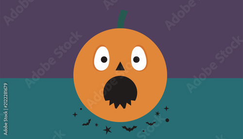 Surprised Halloween pumpkin with giant white eyes and open scared mouth surrounded by flying bats on a dark background.
