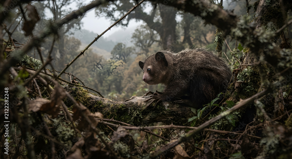 Fototapeta premium Ayeaye lemur perched on a mossy tree branch in a misty, dense tropical forest