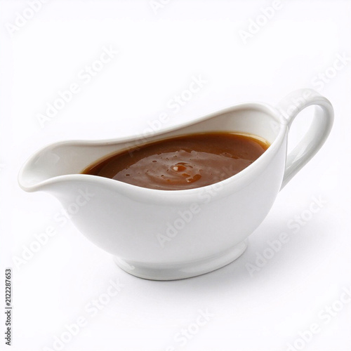 Brown gravy sauce in a white serving boat on a plain background  