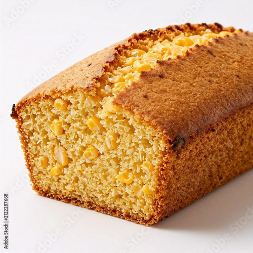 Cornbread loaf sliced with golden crust on white background  