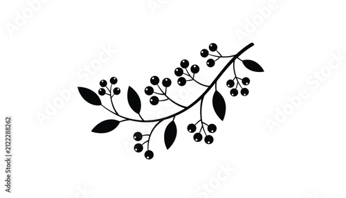 Elegant black silhouette of a curved tree branch with round berries and delicate leaves on a solid white background.