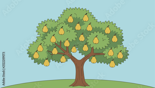 Majestic pear tree with lush green foliage loaded with ripe yellow pears standing on a grassy green hill.
