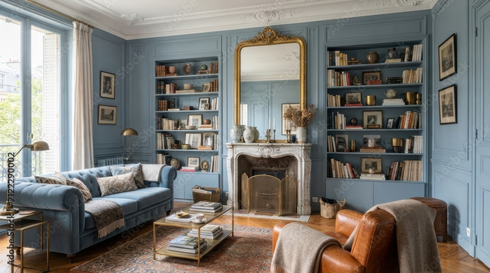 Obraz premium Elegant blue living room with classic furniture and ornate fireplace