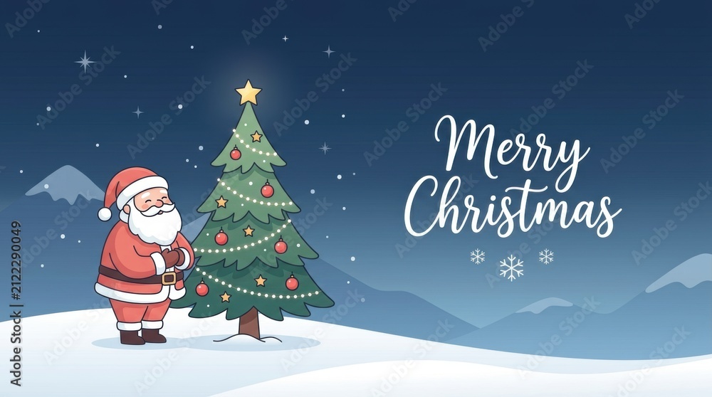 Obraz premium Cute Santa Claus and decorated Christmas tree under starry night sky
