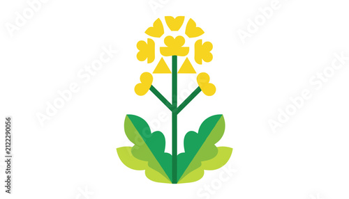 Stylized rapeseed canola flower with yellow petals and green leaves illustrated on a plain white background.