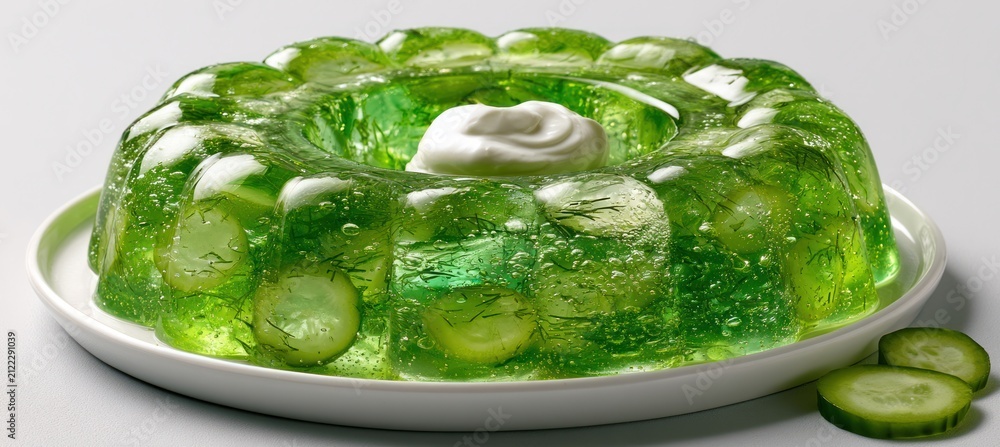 Obraz premium A cucumber dill gelatin ring with a cool translucent mint hue sits on a white plate for food service.